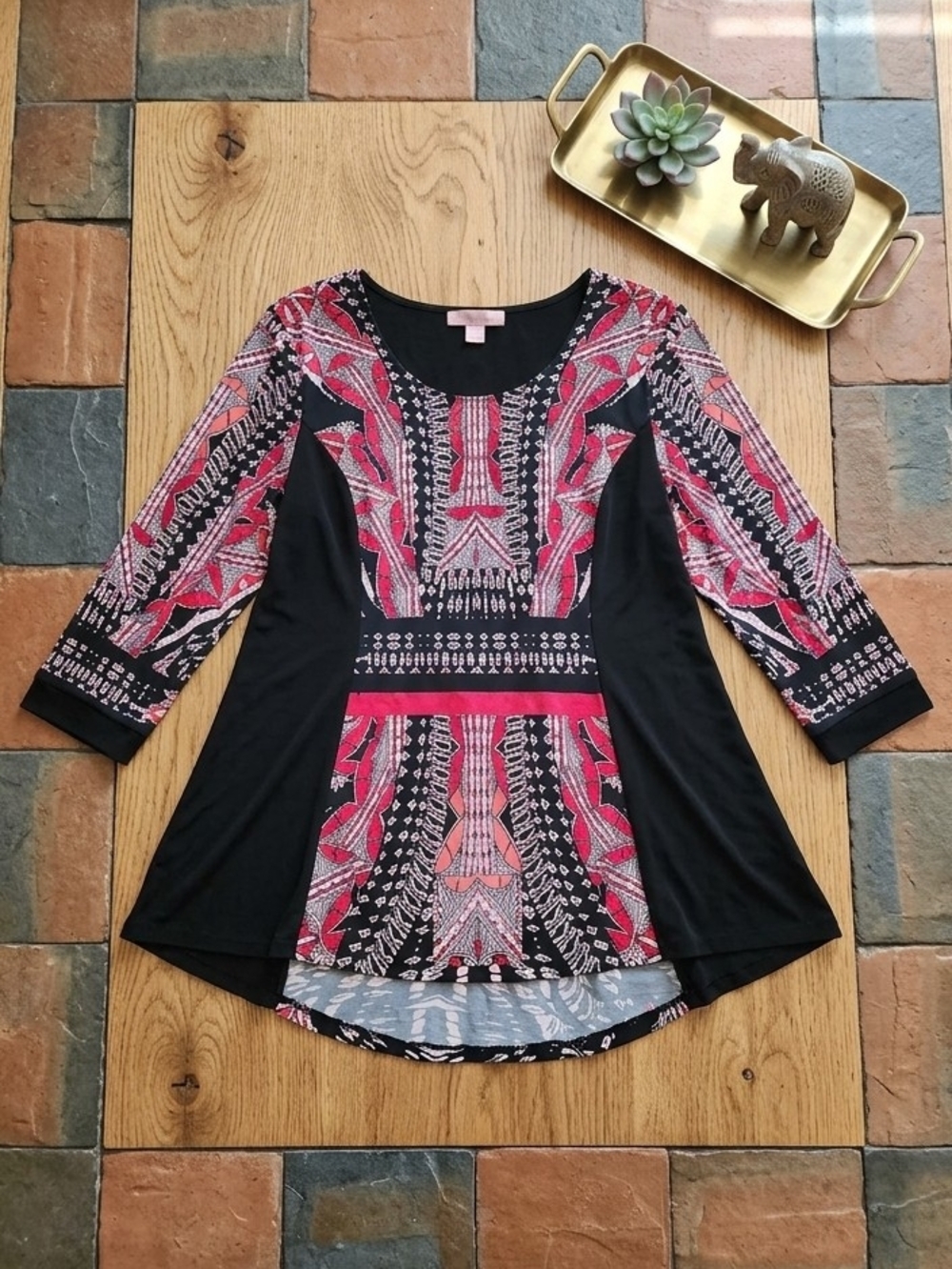 Valerie Stevens Black and Pink Printed Peplum Tunic